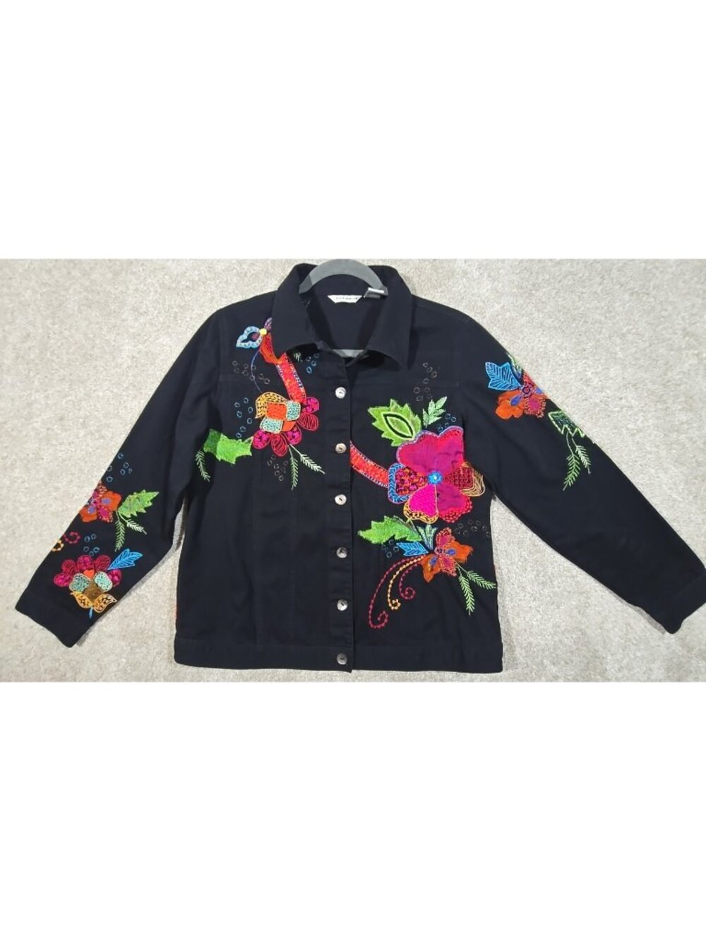 Laura Ashley Embroidered Jacket Appliques 100% Cotton Floral Colorful Women's M